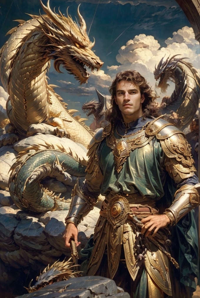 Golden knigh with a big pet dragon: a handsome man in a High Gothic gold metal plate armor in a beautiful ornemental, ethereal, holy, shiny, youthful, pale skin, short black hair, thick eyebrows, soft, with a large scary dragon behind, mythology, medieval, fantasy, young, alpha male, hot, masculine, manly, dark fantasy, 80s fantasy, high fantasy, gold armor, defined jawline, crooked nose, hot, outdoors (in a stone mountain with a dark depressed sky), medieval armor, art by wlop, handsome male, facing in front (portrait close-up), renaissance painting, realistic, photorealistic, 8k, cinematic lighting, hades armor, very dramatic, European man, soft aesthetic, innocent, dragon-themed,CharltonHStar,renaissance