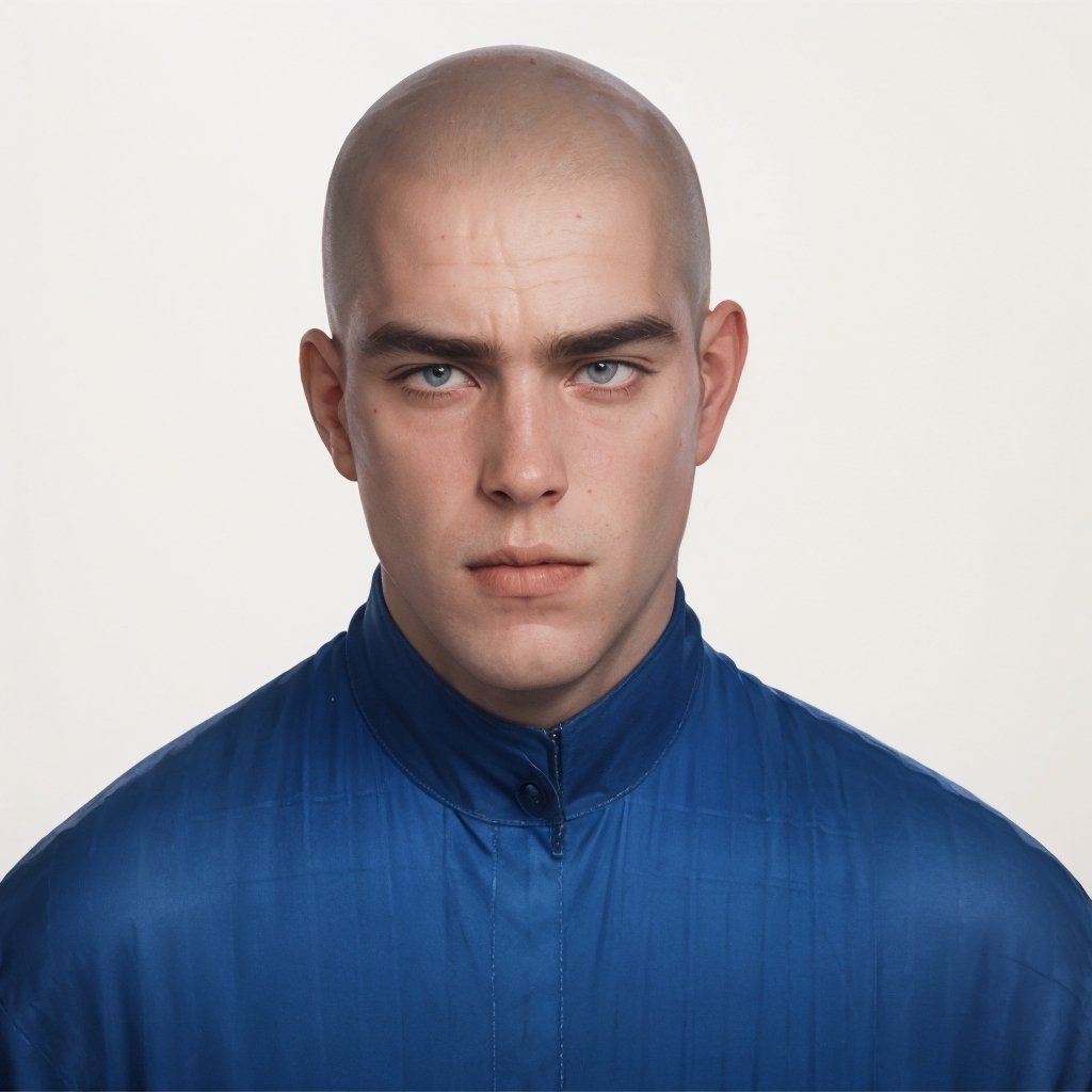 gabber, 1 handsome male, hot, skinhead, thick eyebrows, berlin, Rotterdam, blue jumpsuit, scrawny, piercing, Thunderdome, 1990s, 32K, HQ, realistic, photorealistic, cinematic lighting, portrait, white background, photography