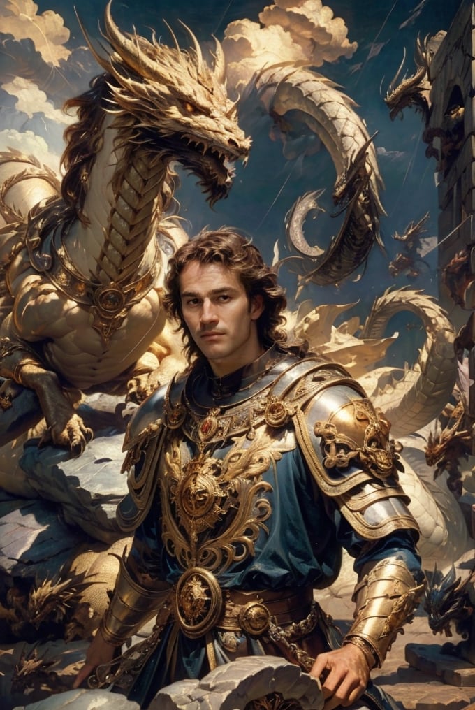 Golden knigh with a big pet dragon: a handsome man in a High Gothic gold metal plate armor in a beautiful ornemental, ethereal, holy, shiny, youthful, pale skin, short black hair, thick eyebrows, soft, with a large scary dragon behind, mythology, medieval, fantasy, young, alpha male, hot, masculine, manly, dark fantasy, 80s fantasy, high fantasy, gold armor, defined jawline, crooked nose, hot, outdoors (in a stone mountain with a dark depressed sky), medieval armor, art by wlop, handsome male, facing in front (portrait close-up), renaissance painting, realistic, photorealistic, 8k, cinematic lighting, hades armor, very dramatic, European man, soft aesthetic, innocent, dragon-themed,CharltonHStar,renaissance