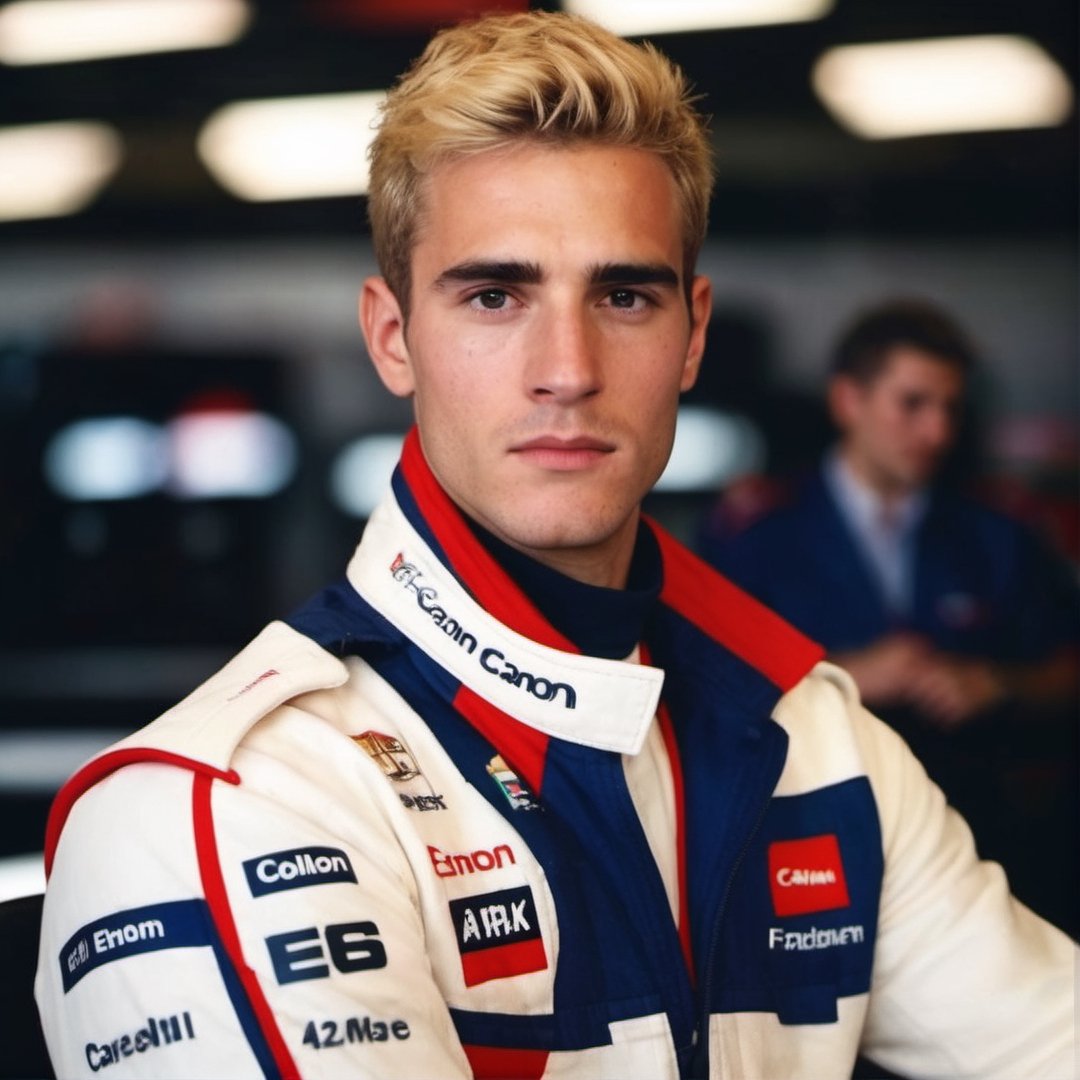 30 years old man, f1 racer, wearing nomex suit, handsome, thick eyebrows, blonde, hairy, crooked nose, cute, 1990s, 17 years old, varsity, ted colunga, f1

8k, cinematic lighting, very dramatic, very artistic, soft aesthetic, innocent, realistic, masterpiece, Camera settings to capture such a vibrant and detailed image would likely include Canon EOS 5D Mark IV, Lens 85mm f/1.8, f/4.0, ISO 100, 1/500 sec,hdsrmr, cinema verite, film still, ((perfect anatomy): 1.5), best resolution, maximum quality, UHD, life with detail, analog, cinematic moviemaker style