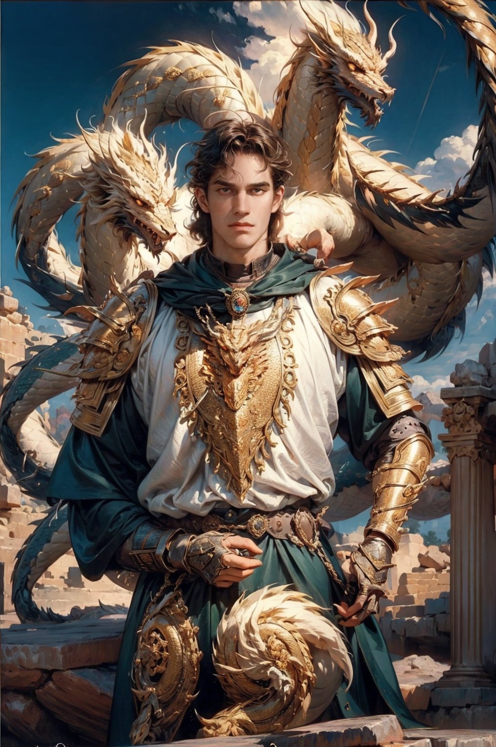 Golden knigh with a pet dragon: a handsome man in a High Gothic gold metal plate armor in a beautiful ornemental, ethereal, holy, shiny, youthful, pale skin, short black hair, thick eyebrows, soft, with a scary dragon behind, mythology, medieval, fantasy, young, alpha male, hot, masculine, manly, dark fantasy, 80s fantasy, high fantasy, gold armor, defined jawline, crooked nose, hot, outdoors (in a stone mountain with a depressed sky), medieval armor, art by wlop, handsome male, facing in front (portrait close-up), renaissance painting, realistic, photorealistic, 8k, cinematic lighting, hades armor, very dramatic, European man, soft aesthetic, innocent, dragon-themed