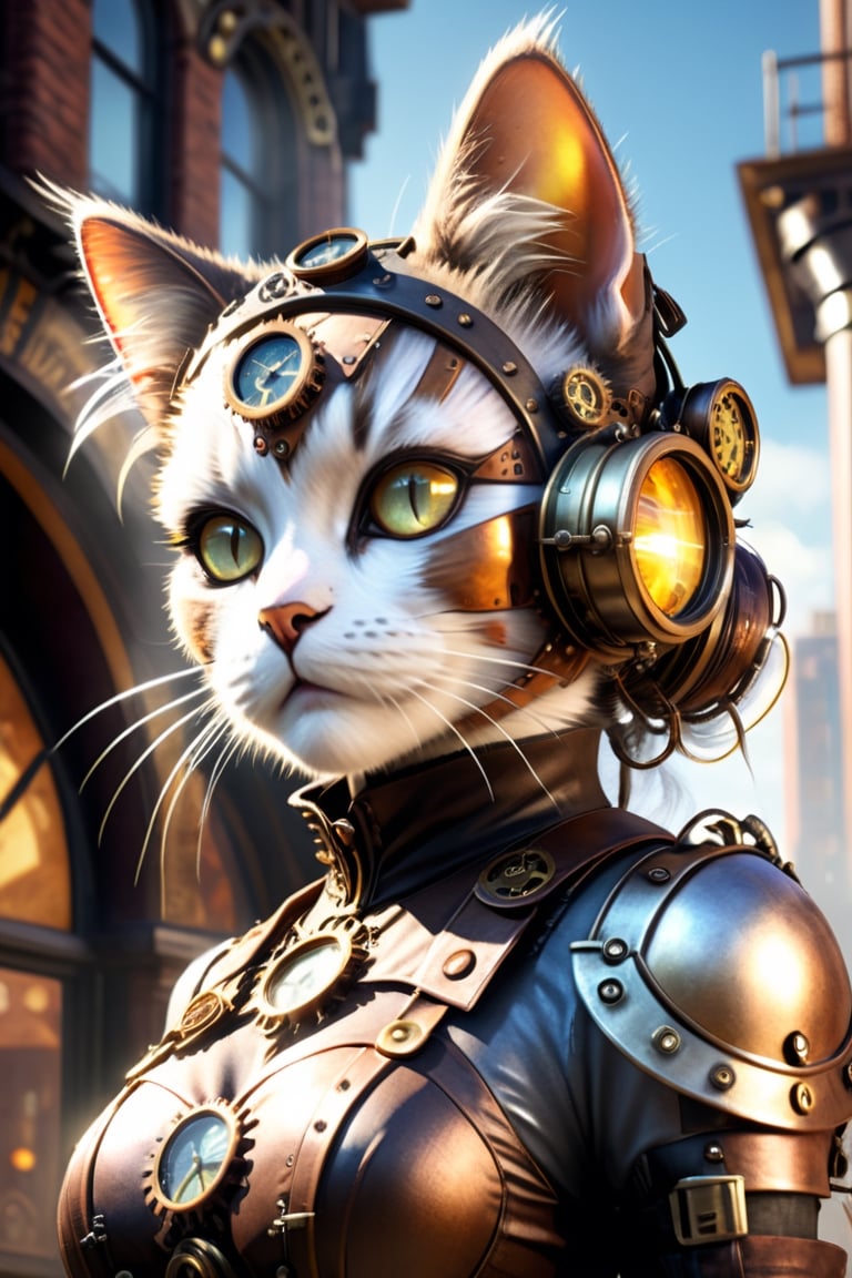 (City Cat Girl, Sunlight, Outdoors, Buildings, Ray Tracing, Reflected Light, Full Color, Intricate Detail, Super Detail, High Level of Detail, Top Quality, Abstract, Complex Complexity, Photorealistic, Steampunk Style), Detailed Textures, high quality, high resolution, high Accuracy, realism, color correction, Proper lighting settings, harmonious composition, Behance works,HZ Steampunk