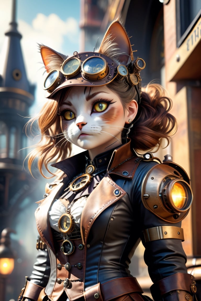 (City Cat Girl, Sunlight, Outdoors, Buildings, Ray Tracing, Reflected Light, Full Color, Intricate Detail, Super Detail, High Level of Detail, Top Quality, Abstract, Complex Complexity, Photorealistic, Steampunk Style), Detailed Textures, high quality, high resolution, high Accuracy, realism, color correction, Proper lighting settings, harmonious composition, Behance works,HZ Steampunk