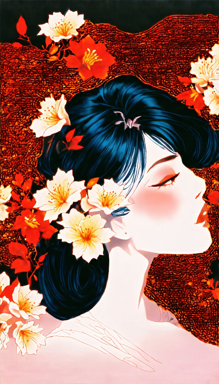 (Mysterious woman, phantom effect, chinese papercutting, intricate design, three-dimensional pattern, delicate craftsmanship, creative expression, texture art, blooming flowers, colorful petals, fragrant scent, blessings of nature, vitality Filled gardens, tranquil landscapes, perfectly composed works), detailed textures, High quality, high resolution, high precision, realism, color correction, proper lighting settings, harmonious composition, Behance works