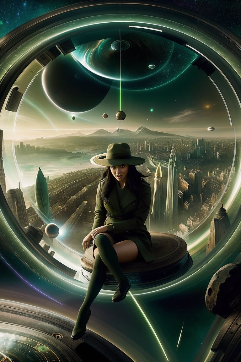 (masterpiece),best quality,highres,stunning art,beautifully painted,colorful,(rim light:1.2),4K wallpapper,fantasy,(panorama),(huge circular flowing round_ramed_clock background),through space,(huge circular flowing transparent hollow round_ramed_clock  on top:1.3),complete round_ramed_clock,(((circular surround floating cityscape landscape))),solo,1girl,slim,sitting_invisible_chair,gentle smile,(black thighhighs),long black hair,blunt bangs, green eyes,(khaki fedora), khaki coat,long light-green dress, light-greenshoes,space background,starry_sky,galaxy,red moon,wrench_elven_arch,xyzabcplanets,Matrix
