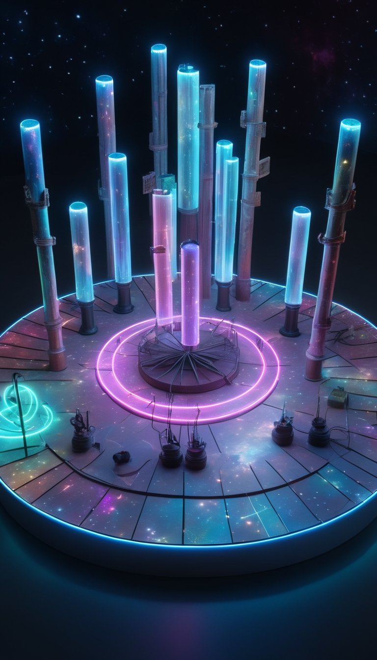 (Constellation map shaped with LEDs and neon tubes, iridescent highlights against the background of environmental occlusion, conceptual sculpture with LED lights, light negative index effect surrounded by abstract pillars and totems, gestures A layered nebula-clad subject incorporating a digital collage), Detailed Textures, high quality, high resolution, high Accuracy, realism, color correction, Proper lighting settings, harmonious composition, Behance works,Cinematic,IMGFIX,ct-jeniiii