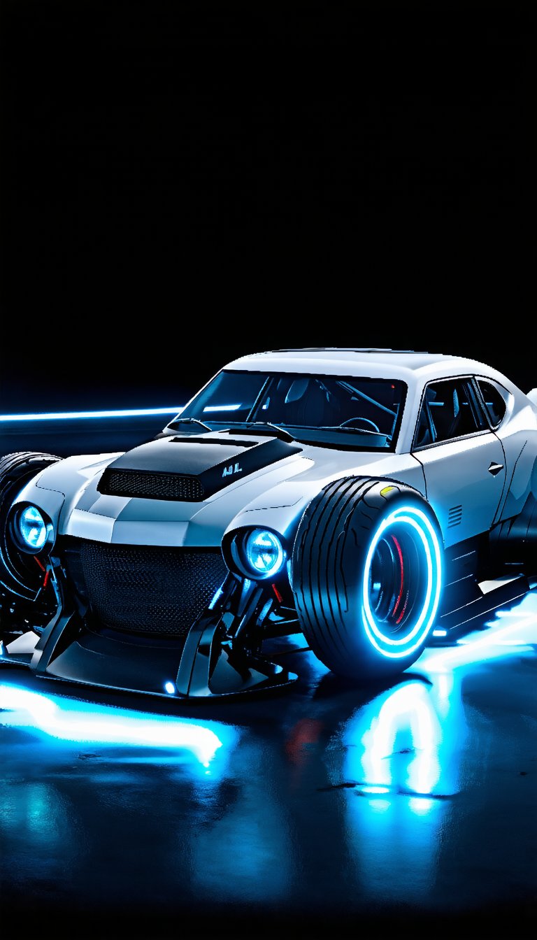 (a 3/4 front view of ((futuristic cyberpunk hotrod zeekars)) (with glowing tires), at the parking lot), Detailed Textures, high quality, high resolution, high Accuracy, realism, color correction, Proper lighting settings, harmonious composition, Behance works