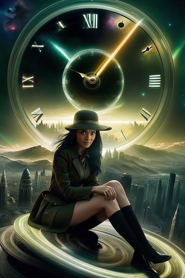 (masterpiece),best quality,highres,stunning art,beautifully painted,colorful,(rim light:1.2),4K wallpapper,fantasy,(panorama),(huge circular flowing round_ramed_clock background),through space,(huge circular flowing transparent hollow round_ramed_clock  on top:1.3),complete round_ramed_clock,(((circular surround floating cityscape landscape))),solo,1girl,slim,sitting_invisible_chair,gentle smile,(black thighhighs),long black hair,blunt bangs, green eyes,(khaki fedora), khaki coat,long light-green dress, light-greenshoes,space background,starry_sky,galaxy,red moon,wrench_elven_arch,xyzabcplanets,Matrix