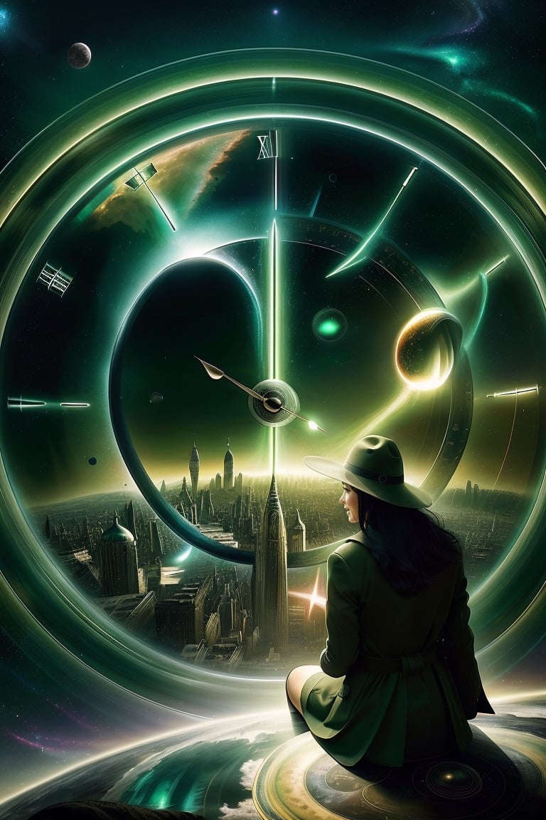 (masterpiece),best quality,highres,stunning art,beautifully painted,colorful,(rim light:1.2),4K wallpapper,fantasy,(panorama),(huge circular flowing round_ramed_clock background),through space,(huge circular flowing transparent hollow round_ramed_clock  on top:1.3),complete round_ramed_clock,(((circular surround floating cityscape landscape))),solo,1girl,slim,sitting_invisible_chair,gentle smile,(black thighhighs),long black hair,blunt bangs, green eyes,(khaki fedora), khaki coat,long light-green dress, light-greenshoes,space background,starry_sky,galaxy,red moon,wrench_elven_arch,xyzabcplanets,Matrix