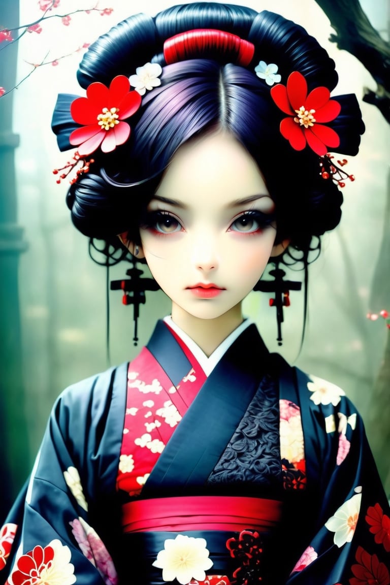 (Kawaii, A fusion of traditional Japanese beauty and Gothic Lolita fashion. A fusion of the elegant kimono silhouette and the dark charm of gothic elements. The ornate sash and corseted bodice is adorned with elaborate lace trim in deep, rich colors, while accessories such as parasols with lace and ribbons add a Victorian touch, while traditional knobs and hairpins add a Victorian touch. Gothic his motifs add a Victorian touch. The complex hairpiece's color palette leans towards deep purples, blacks and blood reds, creating a striking contrast against the delicate fabrics. White face makeup and dark, dramatic eye makeup create a look that combines the elegance of traditional Japanese beauty with the mysterious elegance of gothic fashion. The result is a charming and unique style that seamlessly blends the luxury of Japanese tradition with the dark romanticism of Gothic Lolita and retro ink), Detailed Textures, high quality, high resolution, high Accuracy, realism, color correction, Proper lighting settings, harmonious composition, Behance works,goth person