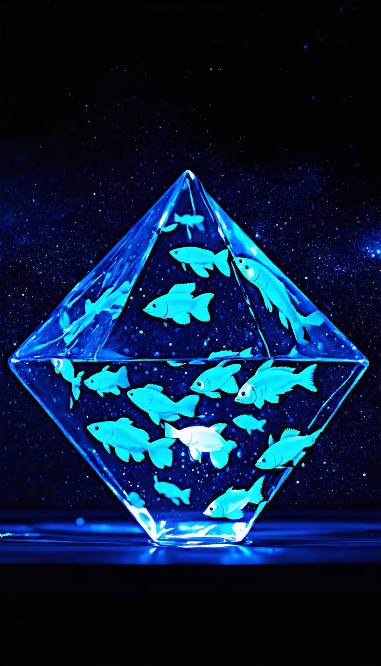 (Regular octahedron acrylic container, bioluminescence of many tropical fish in the container, background of flowing nebula galaxy, effective lighting, illusion), RAW photo, Unreal Engine, Octane Rendering, Ultra High Quality, Ultra High Resolution, Surreal, Color Correct, Good Lighting Settings, Good Composition, Very Low Noise, Sharp Edges, Harmonious Composition, Ultra Precision, Masterpiece, Award-winning work