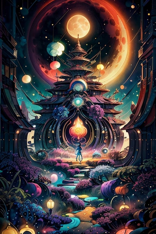(In a mesmerizingly psychedelic scene, a whimsical moon module gleams with vibrant colors and intricate patterns, as if plucked straight from a kooky dream. This image, presented in a beautifully crafted gouache painting, showcases a fantastical spacecraft, reminiscent of a retro sci-fi era. Every brushstroke exudes an otherworldly allure, with swirling hues of neon pinks, electric blues, and mesmerizing purples. The fine details and meticulous shading bring an astonishing level of realism, capturing the eye and immersing viewers in a surreal lunar journey. With its exceptional quality and imaginative design, this captivating painting transports you to a wondrous realm beyond the boundaries of reality), Detailed Textures, high quality, high resolution, high Accuracy, realism, color correction, Proper lighting settings, harmonious composition, Behance works