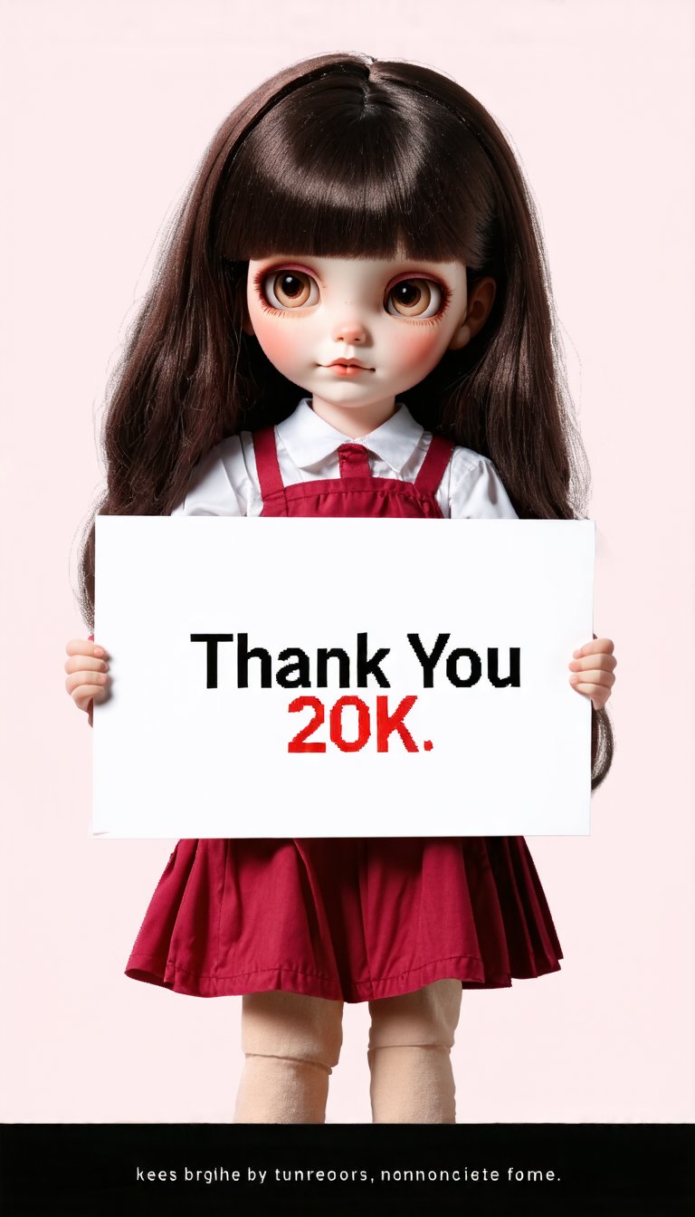 (A very cute girl. She is holding a big sign in both hands that says "Thank you 20k♥". The background is cute with light tones in the style of Mark Ryden), detailed texture, high quality, high resolution, high precision, realism, color correction, proper lighting settings, harmonious composition, Behance work, text, text is ""