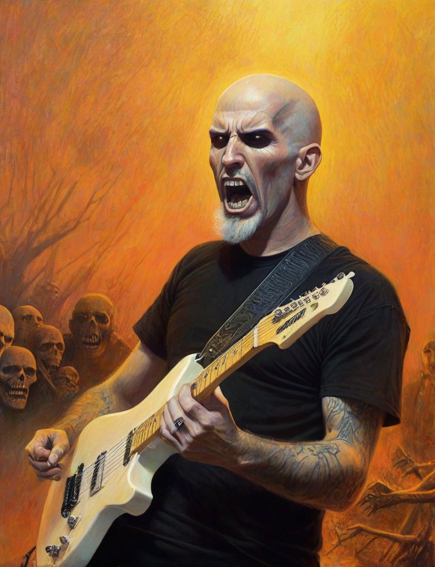 (head and shoulders portrait:1.2), Scott Ian, a heavy metal guitarist, (playing white guitar:1.2), performing on stage, bald head, (long white goatee:1.2),  wearing black t-shirt, looking at the camera, yelling, yellow and orange background, undead mosh pit in background,  surreal fantasy, close-up view, chiaroscuro lighting, no frame, hard light, art by Zdzisław Beksiński,digital artwork by Beksinski