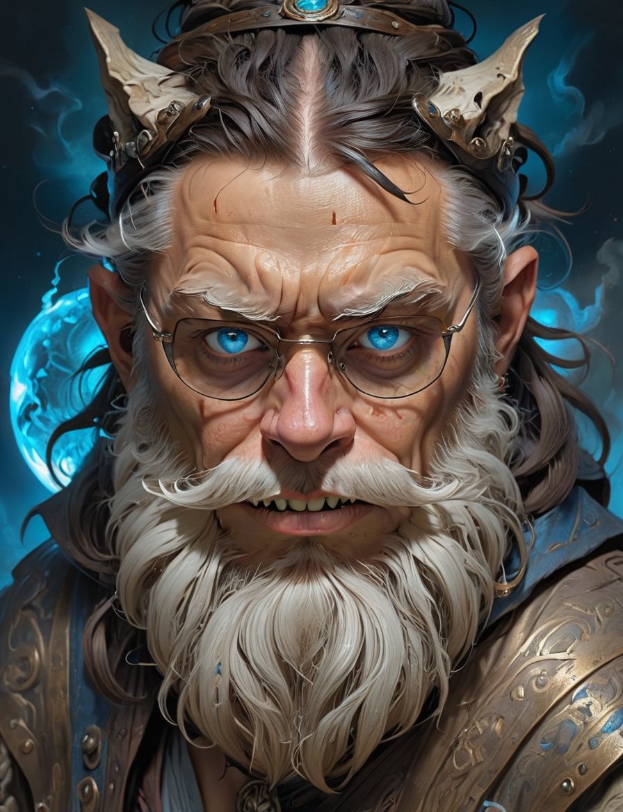 high fantasy world, wild eyed wizard wearing half-rim spectacles, looking intently at the viewer, wild and furious, menacing snarling angry expression, (glowing blue eyes:3), biomechanical, long beard , head and shoulders portrait , hyper-detailed oil painting, art by Greg Rutkowski and (Norman Rockwell:1.5) , illustration style, symmetry , mideval dungeon setting , huayu