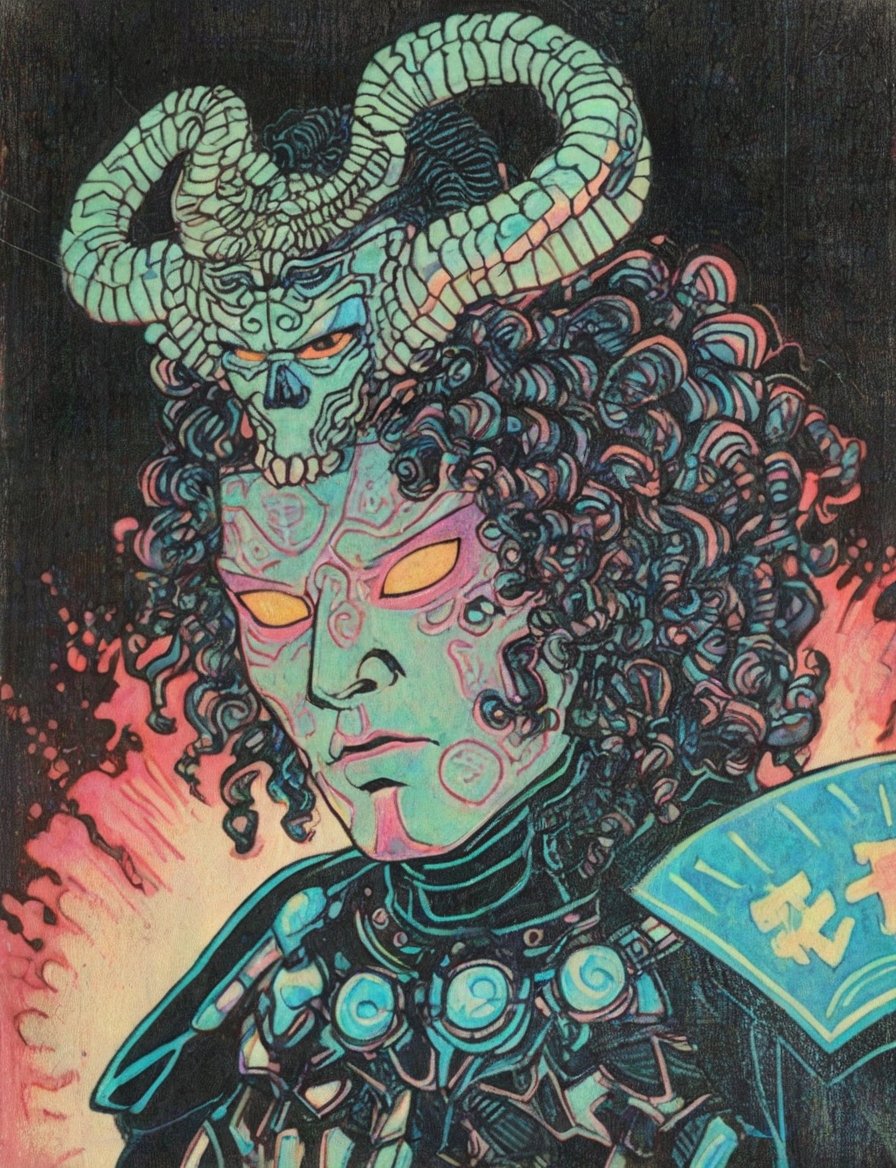 (head and shoulders portrait:1.2), (anthropomorphic gorgon :1.3) as a warrior, zorro mask, holographic glowing eyes, wearing sci-fi outfit , surreal fantasy, close-up view, chiaroscuro lighting, no frame, hard light,Ukiyo-e