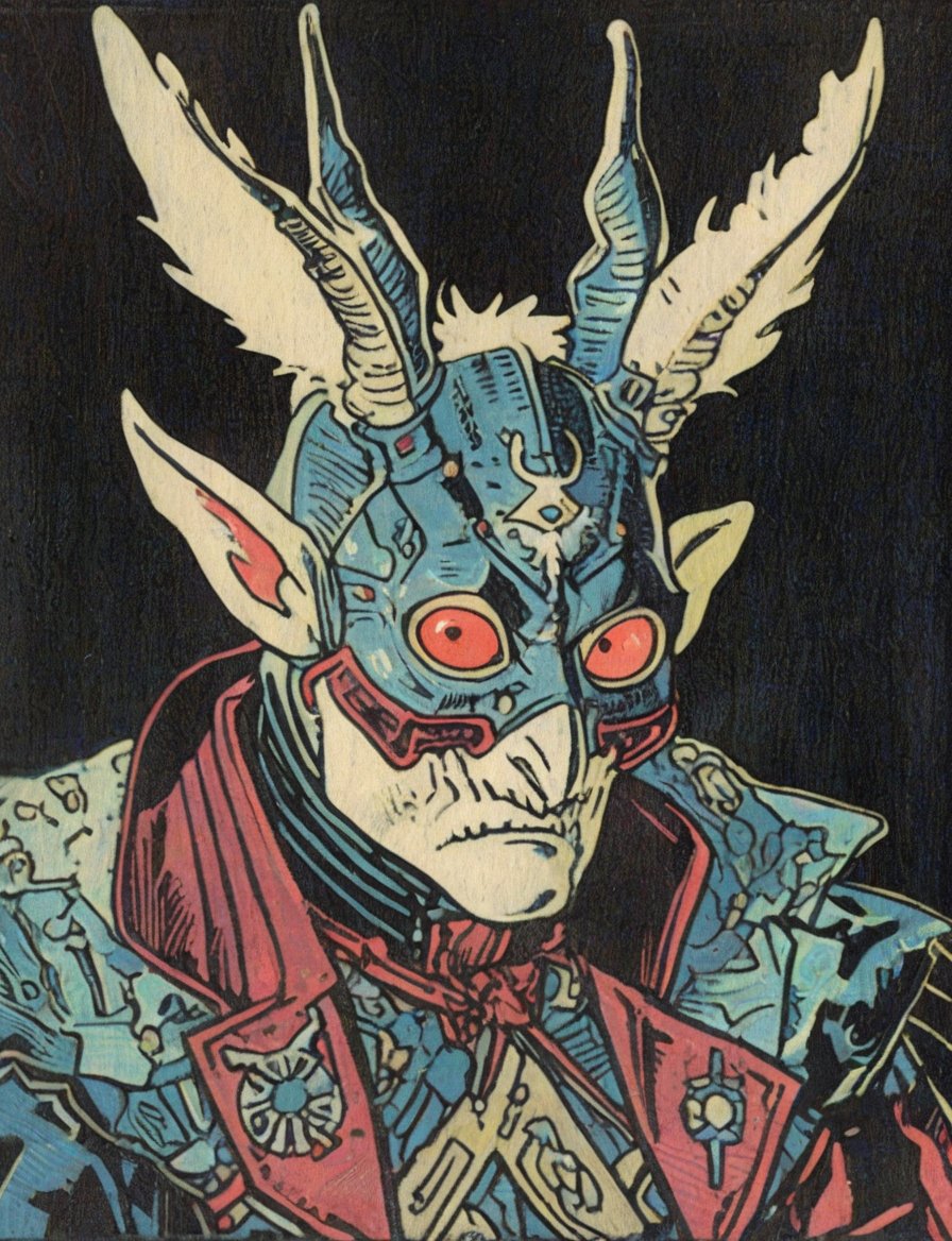 (head and shoulders portrait:1.2), (anthropomorphic wolpertinger :1.3) as a vampire hunter , zorro mask, holographic glowing eyes, wearing sci-fi outfit , surreal fantasy, close-up view, chiaroscuro lighting, no frame, hard light,Ukiyo-e