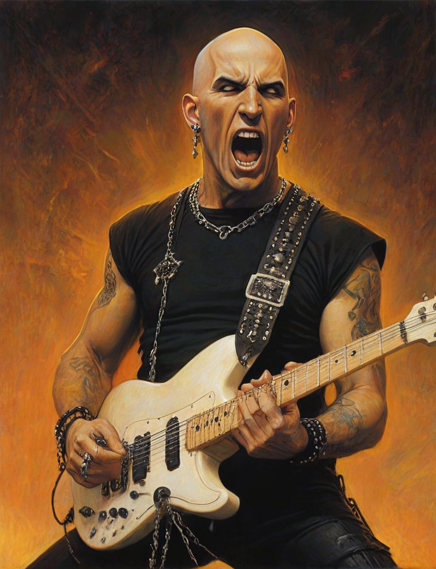 (head and shoulders portrait:1.2), Scott Ian, a heavy metal guitarist, (playing white guitar:1.2), performing on stage, bald head, wearing black t-shirt, metal studs, chains, looking at the camera, yelling, yellow and orange background,  surreal fantasy, close-up view, chiaroscuro lighting, no frame, hard light, art by Zdzisław Beksiński,digital artwork by Beksinski