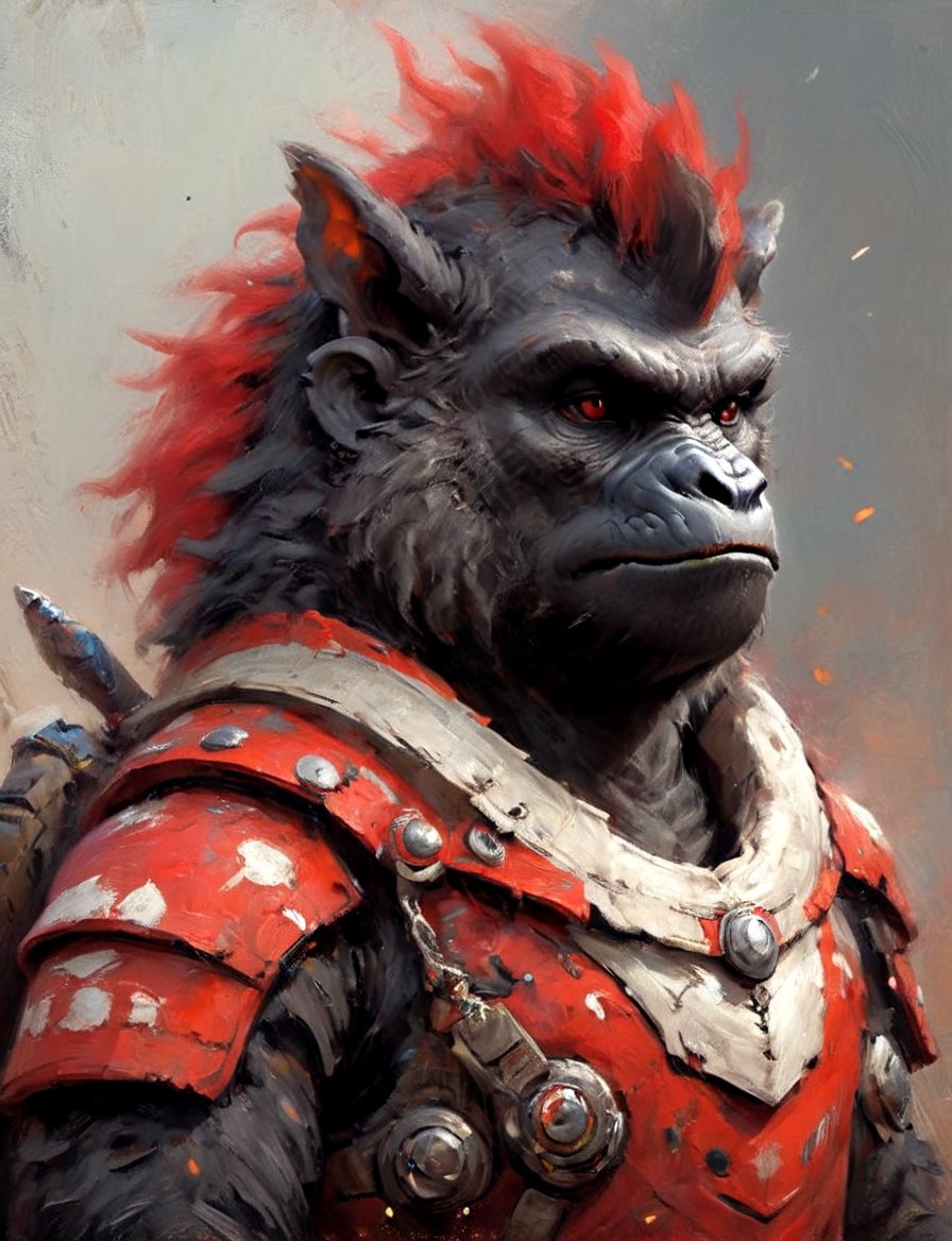 (close up, head and shoulders portrait:1.3), anthromorphic (gorilla donkey :1.2) dragon, futuristic power armor, bounty hunter , red and white and black color scheme , Disney pixar style