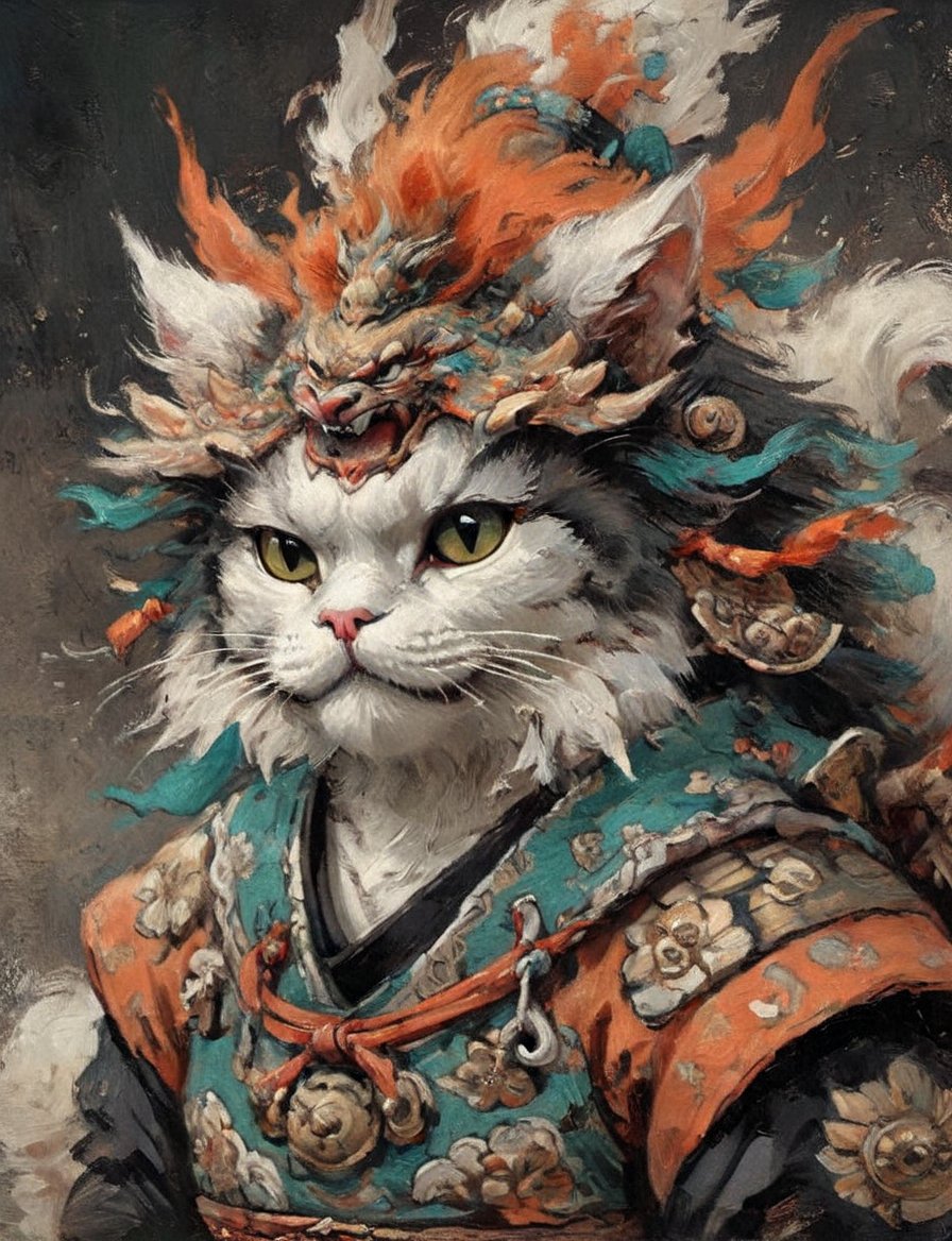 (close up, head and shoulders portrait:1.3), anthromorphic ( Persian cat :1.2) dragon, oni_horns, samurai , black samurai armor, brown, tangerine teal, white and black color scheme , (dark background:1.2), Disney pixar style,Ukiyo-e,ink,colorful,shogun