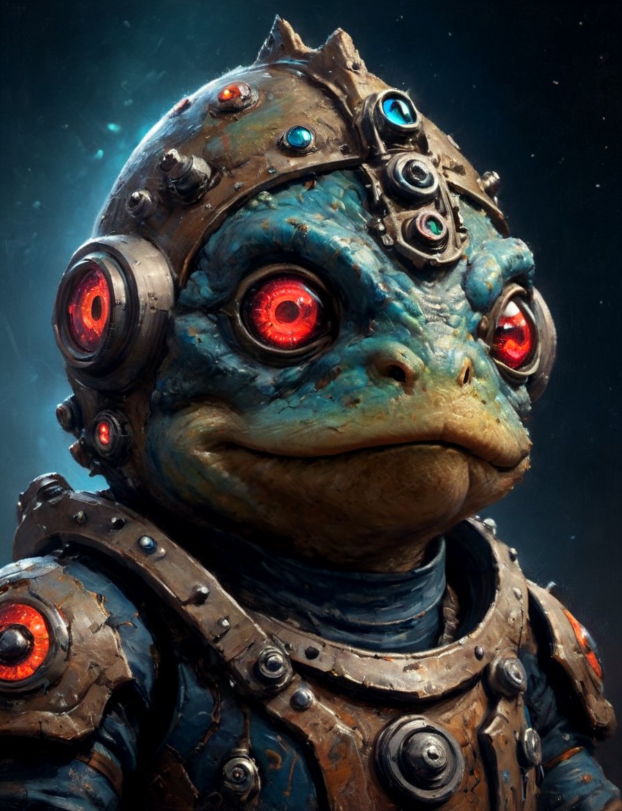 (close up, head and shoulders portrait:1.3), anthromorphic, High tech cybernetic toad, multi Eyes,Glowing mechanical eyes, high-tech cybernetic body, futuristic power armor, bounty hunter , triadic colors, moonster