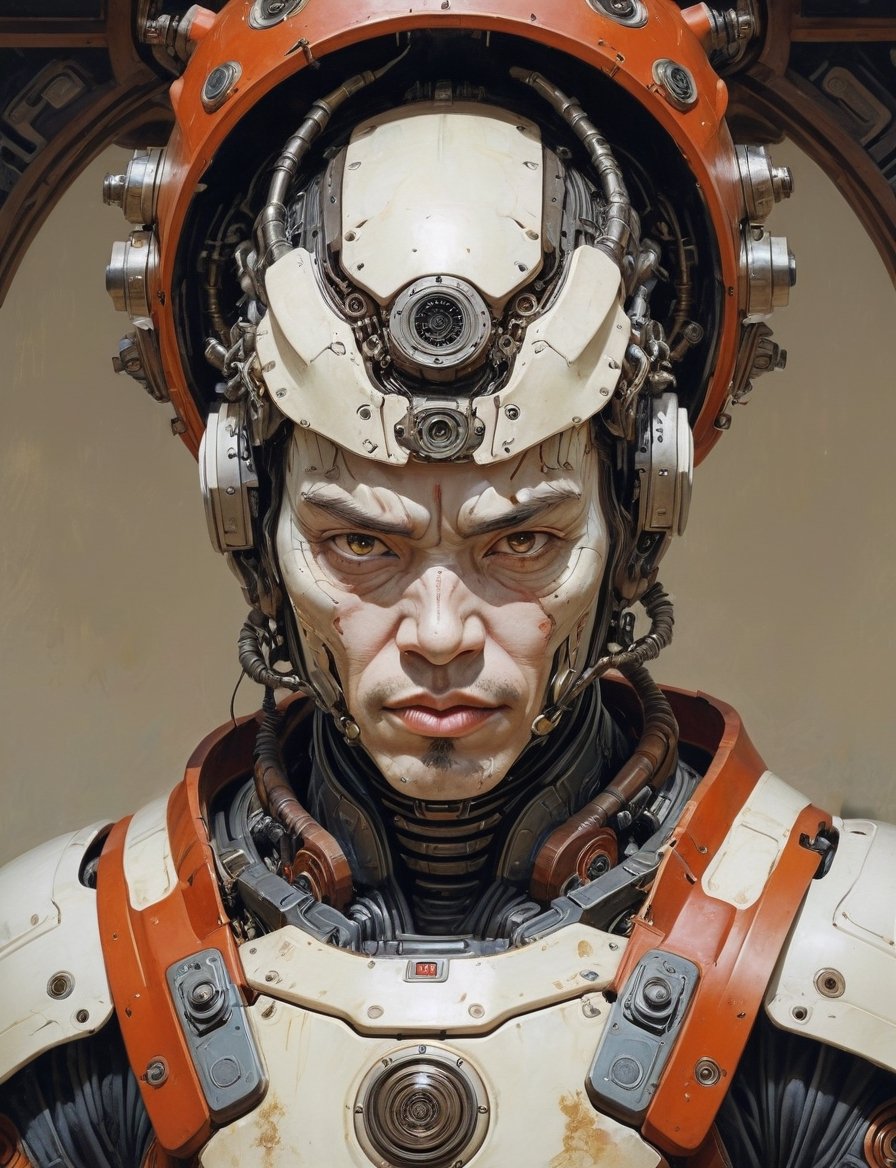 Sci-fi samurai cyborg wear full power armor , head and shoulders portrait , hyper-detailed oil painting, art by Greg Rutkowski and (Norman Rockwell:1.5) , illustration style, symmetry , inside alien starship interior , huayu