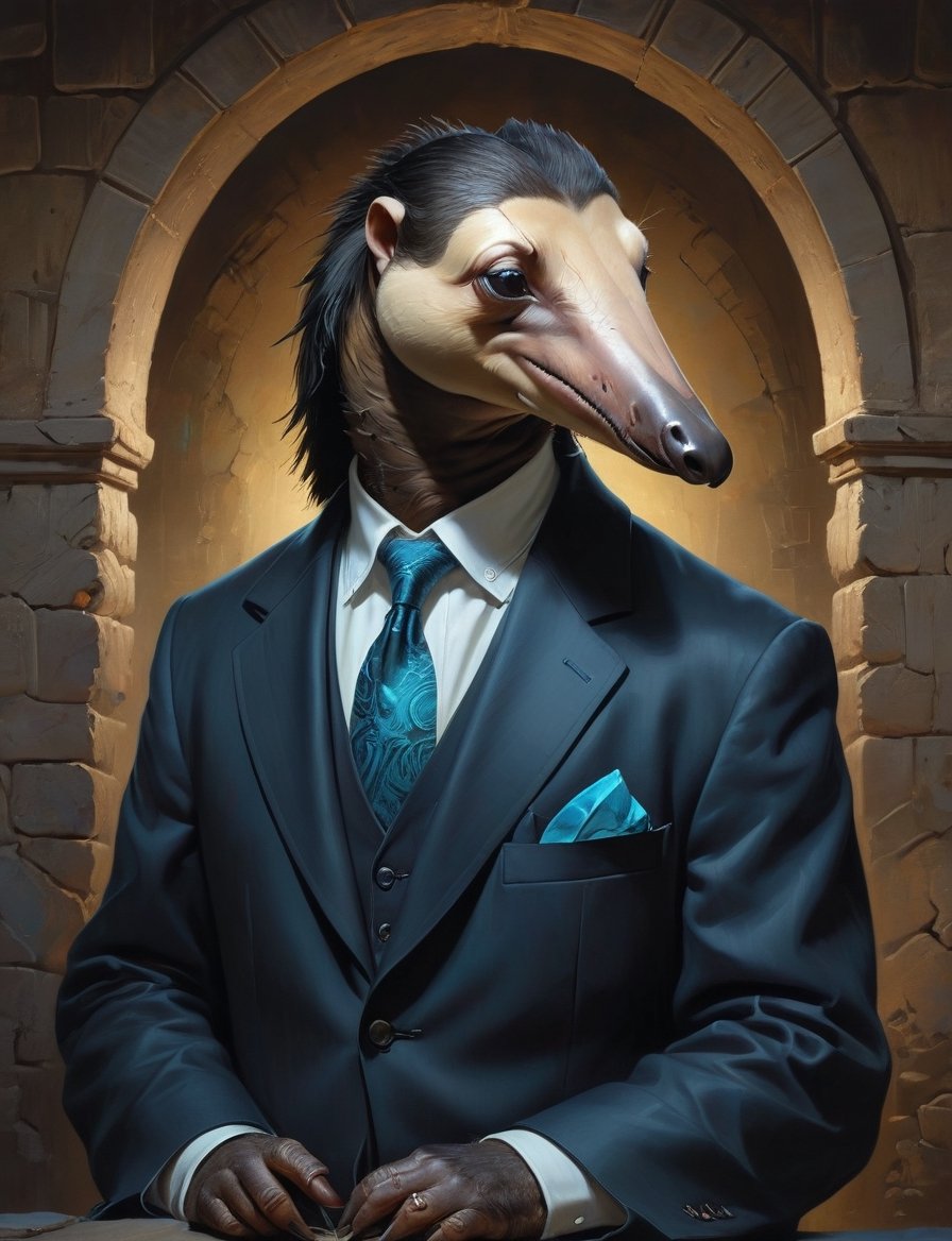 creative magic creature art, creature fusion ( badger :1.4) (anteater :1.8), (bioluminescence :2), wearing business suit, glowing eyes, head and shoulders portrait , hyper-detailed oil painting, art by Greg Rutkowski and (Norman Rockwell:1.5) , illustration style, symmetry , inside a medieval dungeon, cracked stone walls , huayu