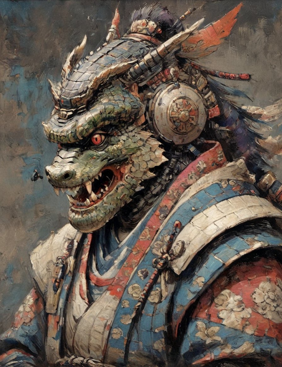 (close up, head and shoulders portrait:1.3), (anthromorphic crocodile robot :1.6), oni_horns, samurai , samurai armor , brown, blue, violet , white and black color scheme , (dark background:1.2), Ukiyo-e,ink,colorful,shogun