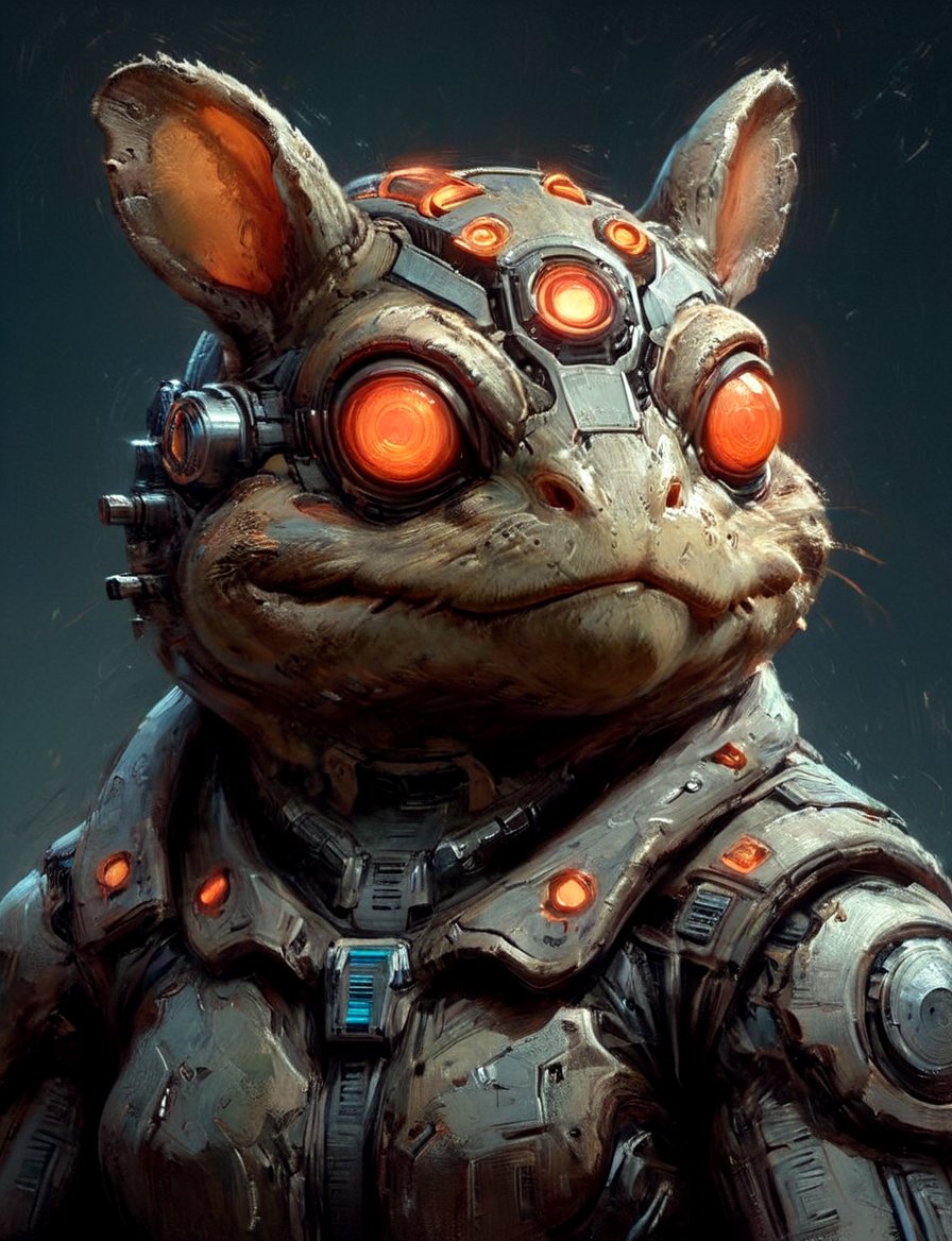 (close up, head and shoulders portrait:1.3), anthromorphic, High tech cybernetic (rabbit:1.2) (toad:1.7), multi Eyes,Glowing mechanical eyes, high-tech cybernetic body, futuristic power armor, bounty hunter ,xl_cpscavred,mad-cyberspace,cyberpunk