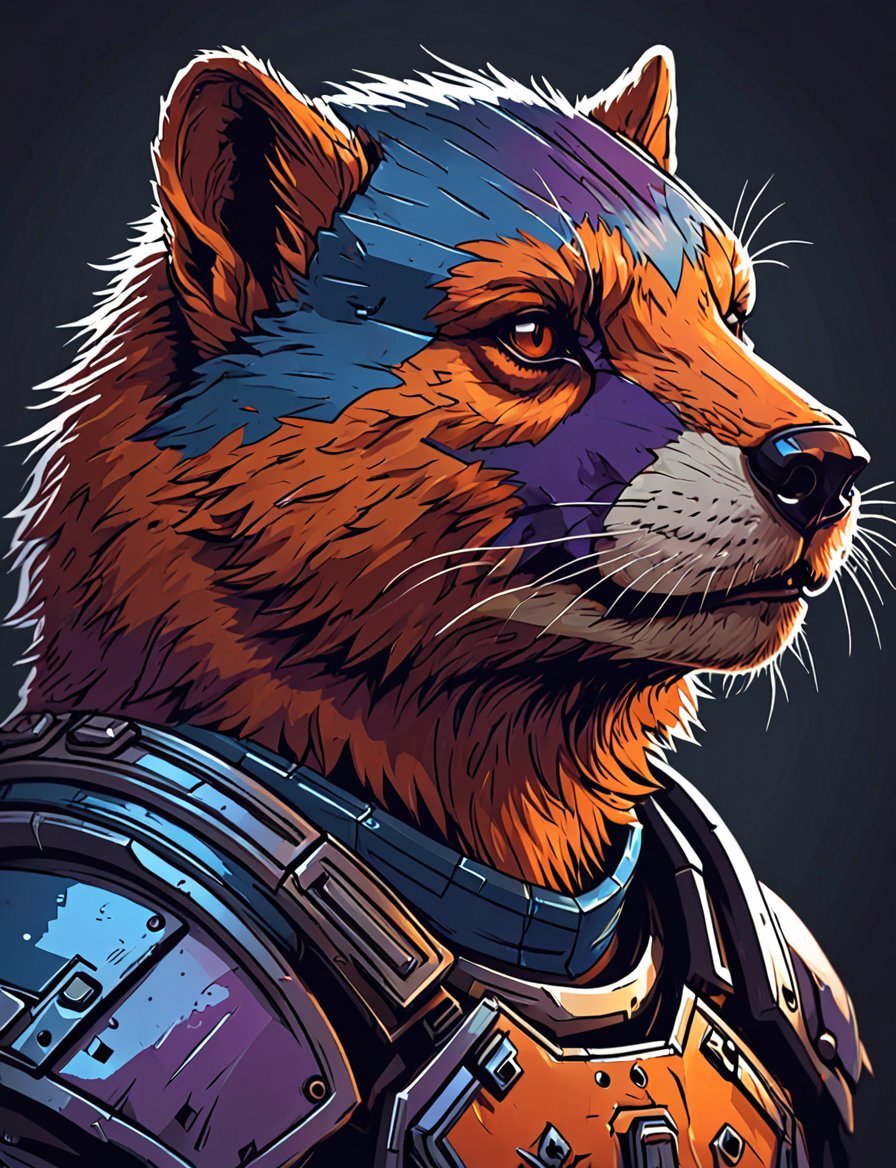 (close up, head and shoulders portrait:1.3), orange and red gradient , (anthromorphic marmot wolf :1.6), wearing blue and violet sci-fi polycarbonate armor, (strong outline sketch style:1.5), gritty fantasy, (darkest dungeon art style :1.4), dark muted background, detailed