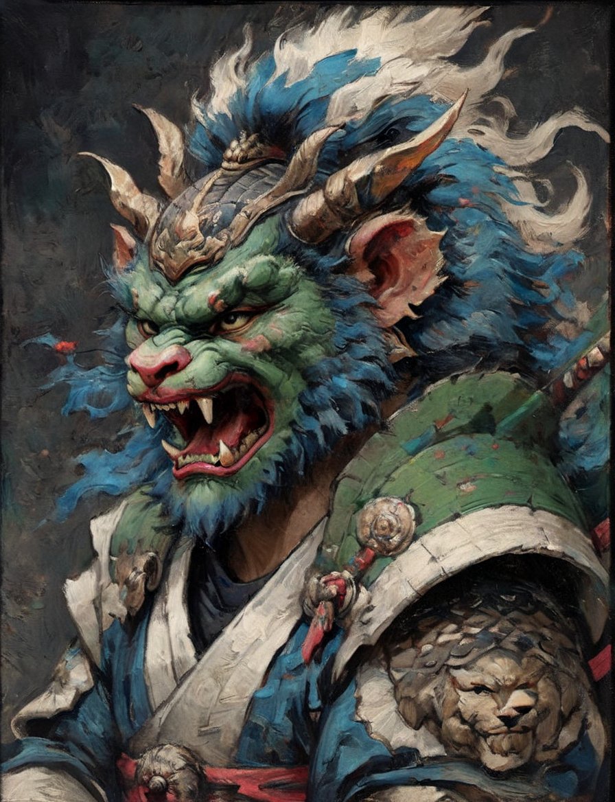 (close up, head and shoulders portrait:1.3), anthromorphic ( manticore :1.4) neck and chest fur, samurai helmet, oni_horns, samurai , black samurai armor, green, blue , white and black color scheme , (dark background:1.2), Disney pixar style,Ukiyo-e,ink,colorful,shogun