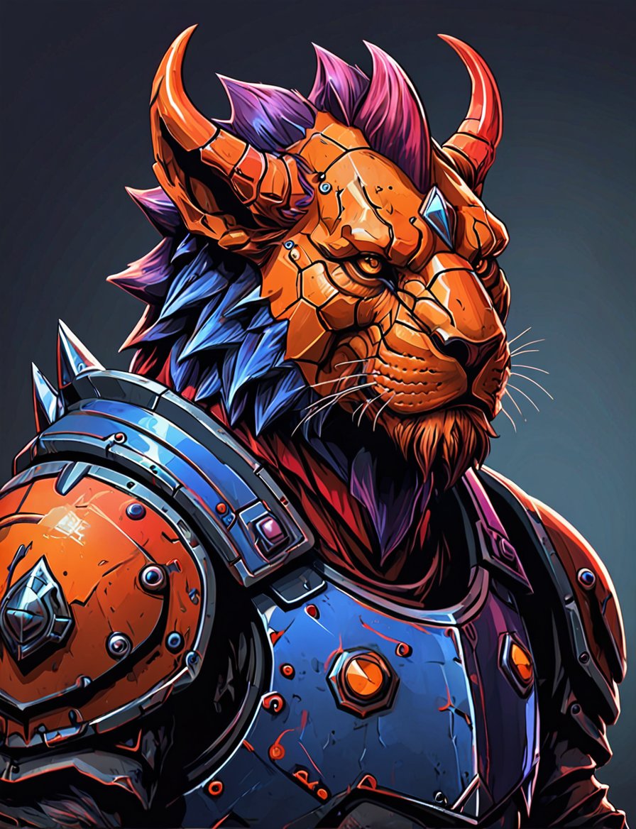 (close up, head and shoulders portrait:1.3), orange and red gradient , (anthromorphic lion triceritops :1.6), wearing blue and violet sci-fi polycarbonate armor, (strong outline sketch style:1.5), gritty fantasy, (darkest dungeon art style :1.4), dark muted background, detailed