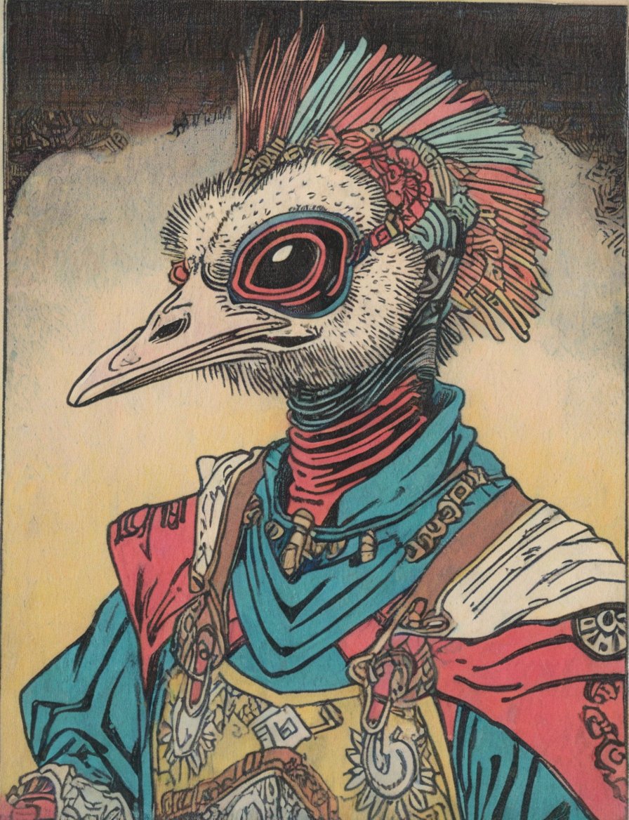(head and shoulders portrait:1.2), (anthropomorphic ostrich :1.3) as a warrior, zorro mask, triadic colors, wearing sci-fi outfit , surreal fantasy, close-up view, chiaroscuro lighting, no frame, hard light,Ukiyo-e,ink