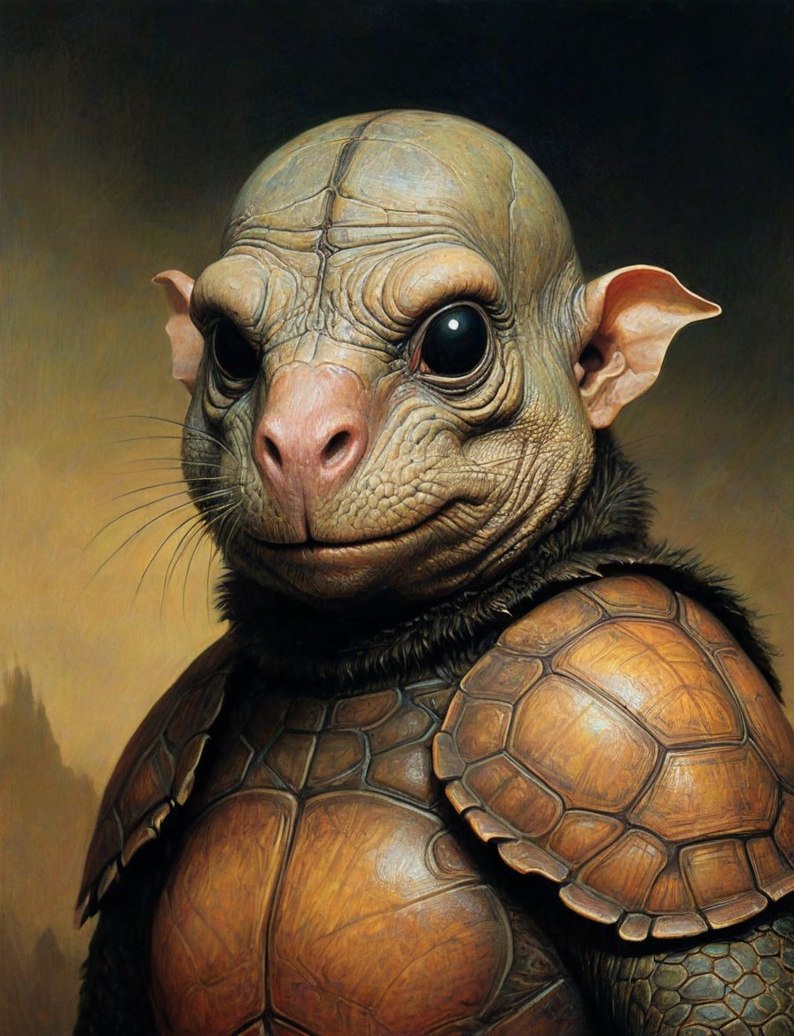 (head and shoulders portrait:1.2), (anthropomorphic rat turtle :1.4) barbarian, wearing fur armor , surreal fantasy, close-up view, chiaroscuro lighting, no frame, hard light, art by Zdzisław Beksiński,digital artwork by Beksinski
