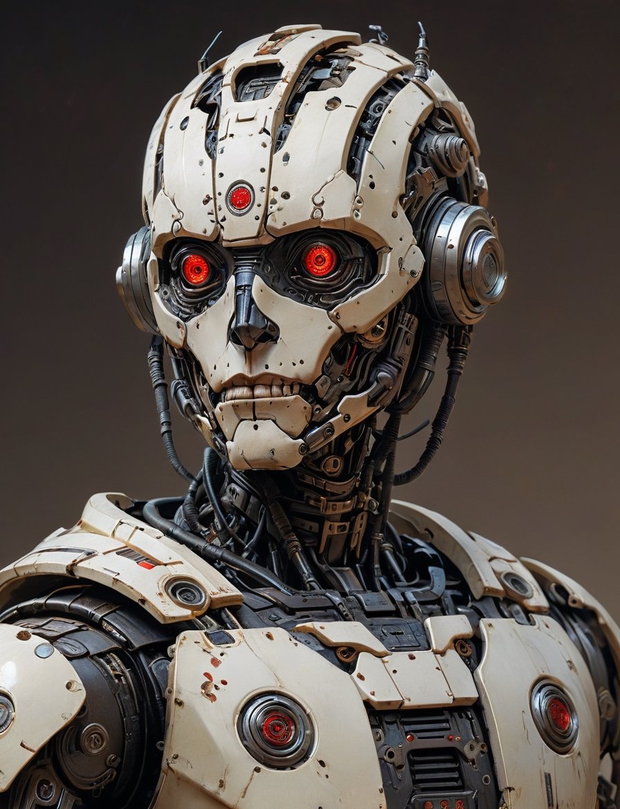 A male, (cybernetic robot:3), biomechanical, (bounty hunter :3) , wearing intricate necromancer armor . red eyes, dark background, serious face expression. head and shoulders portrait , hyper-detailed oil painting, art by Greg Rutkowski and (Norman Rockwell:1.5) , illustration style, symmetry , sci-fi interior setting , huayu