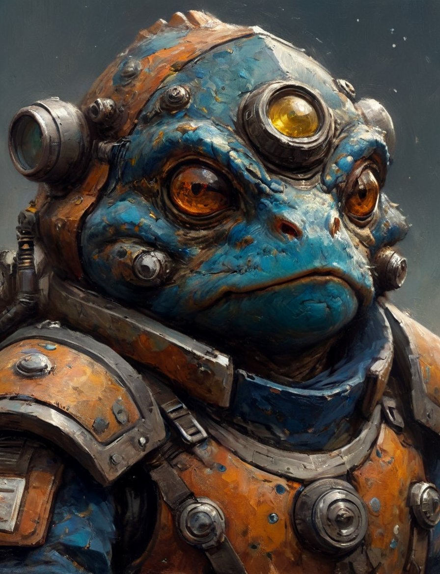 (close up, head and shoulders portrait:1.3), anthromorphic toad, futuristic power armor, bounty hunter , triadic colors, moonster