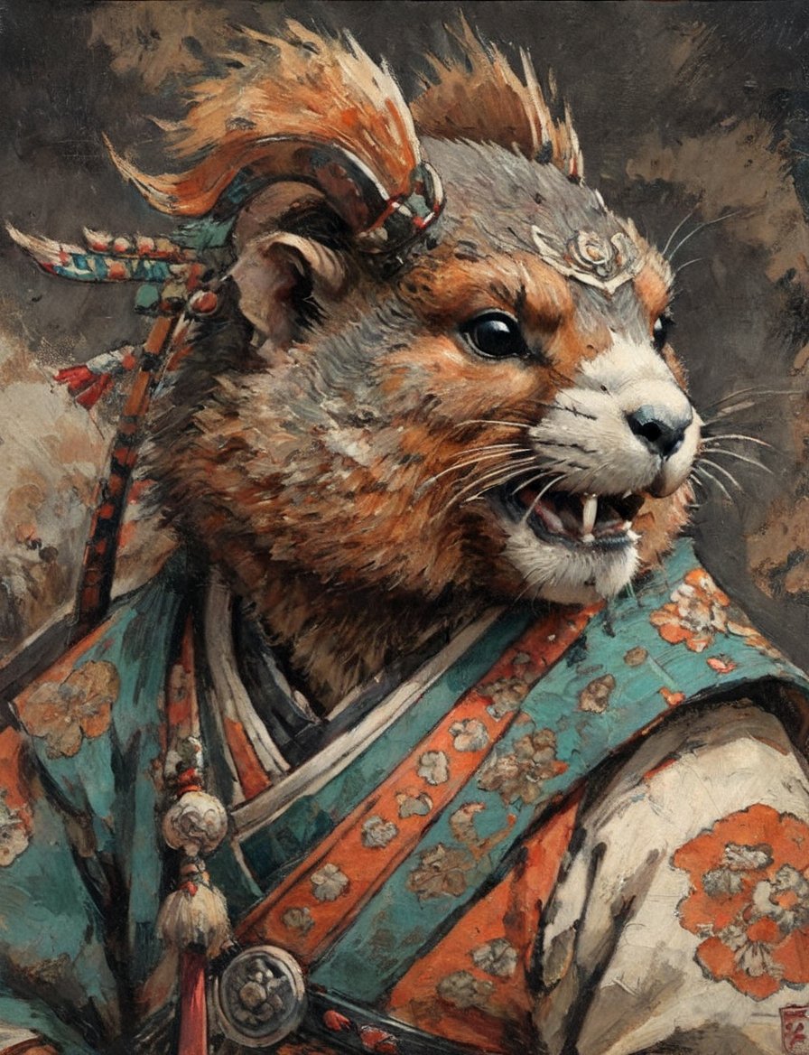 (close up, head and shoulders portrait:1.3), anthromorphic ( marmot :1.6), oni_horns, samurai , samurai armor , brown, tangerine, teal , white and black color scheme , (dark background:1.2), Ukiyo-e,ink,colorful,shogun