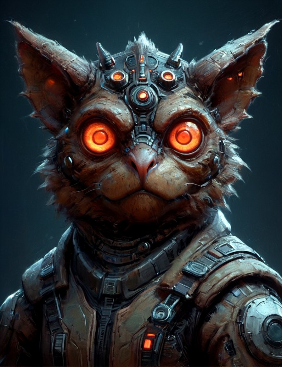 (close up, head and shoulders portrait:1.3), anthromorphic, High tech cybernetic (tarsier:1.2) (dragon:1.7), multi Eyes,Glowing mechanical eyes, high-tech cybernetic body, futuristic power armor, bounty hunter ,xl_cpscavred,mad-cyberspace,cyberpunk