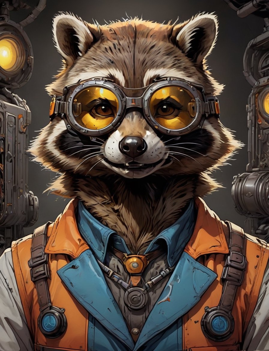 A male, a (artificer raccoon wearing goggles :3), metal power armor , precious jewels, dark interior sci-fi background, head and shoulders portrait , flat 2.5d art, cell shading , hyper-detailed comic book art style , illustration style, art by Darius Puia BakaArts, symmetry , sci-fi interior setting ,comic book