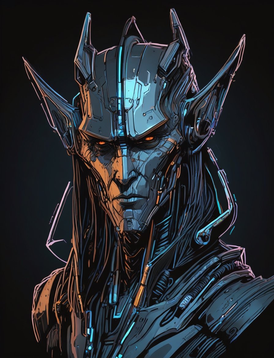 (head and shoulders portrait:1.2), anthropomorphic (cyberpunk:1.3) Sauron outline sketch style:1.5), gritty fantasy, (art by Syd Mead:1.8), dark muted background, muted colors, detailed, 8k