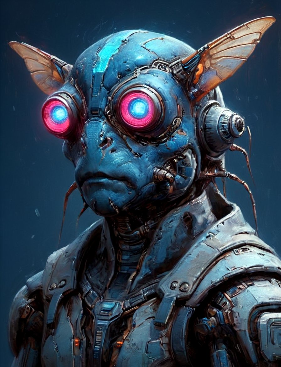 (close up, head and shoulders portrait:1.3), anthromorphic, High tech cybernetic (toad :1.2) (mantis:1.7), multi Eyes,Glowing blue mechanical eyes, high-tech cybernetic body, futuristic power armor, bounty hunter ,xl_cpscavred,mad-cyberspace,cyberpunk