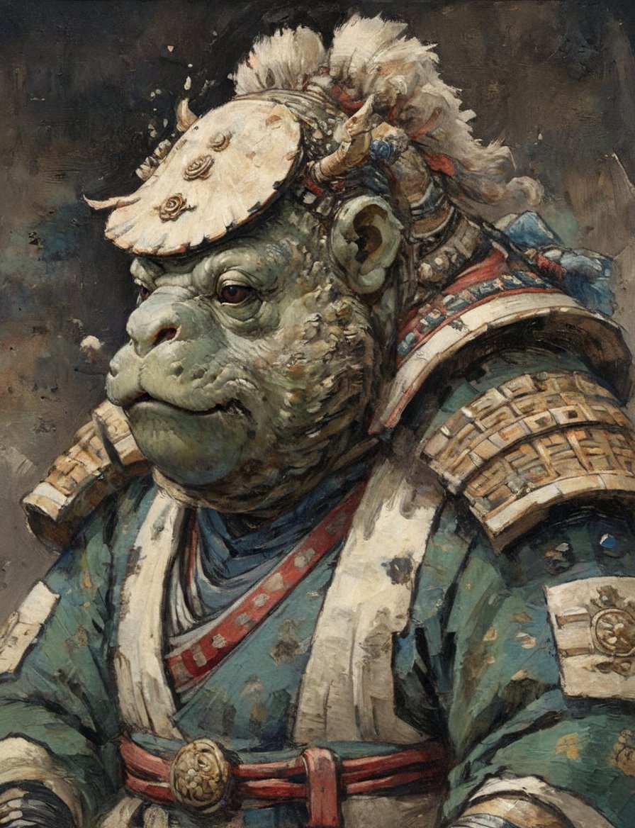 (close up, head and shoulders portrait:1.3), (anthromorphic tardigrade :1.6), samurai , samurai armor , brown, green, yellow, blue , white and black color scheme , (dark background:1.2), Ukiyo-e,ink,colorful,shogun