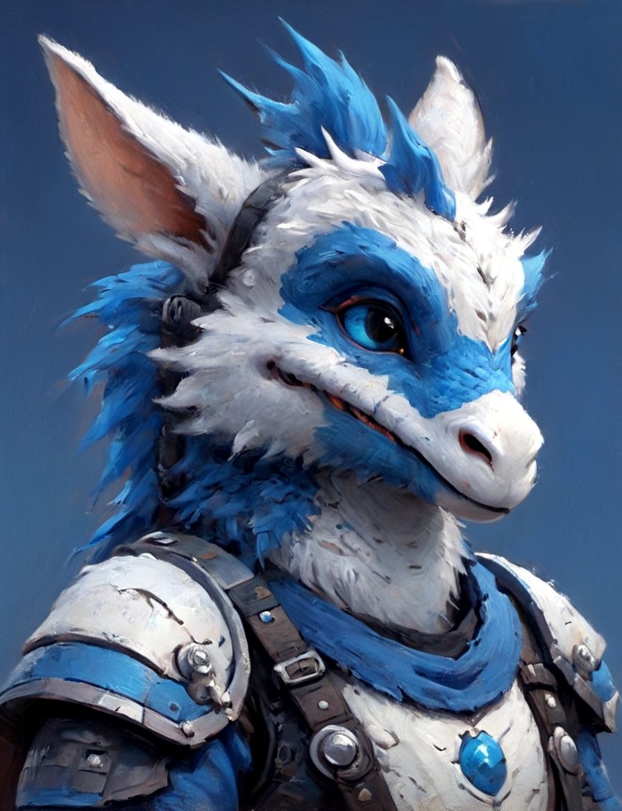 (close up, head and shoulders portrait:1.3), anthromorphic ( donkey rabbit :1.2) dragon, futuristic power armor, bounty hunter , blue and white and black color scheme , Disney pixar style