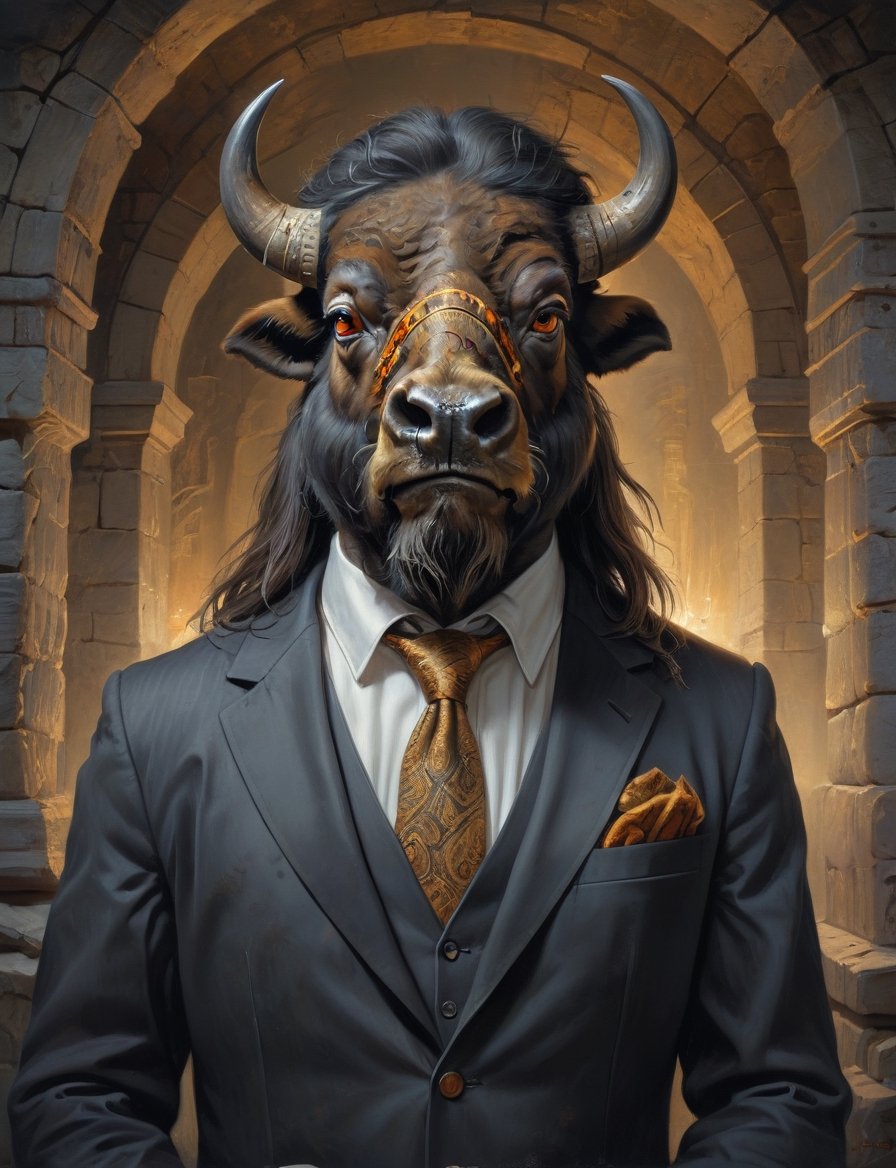 creative magic creature art, (bison :1.8) (reptile :1.4), long beard, rabbit ears, wearing business suit, glowing eyes, head and shoulders portrait , hyper-detailed oil painting, art by Greg Rutkowski, illustration style, symmetry , inside a medieval dungeon, cracked stone walls 