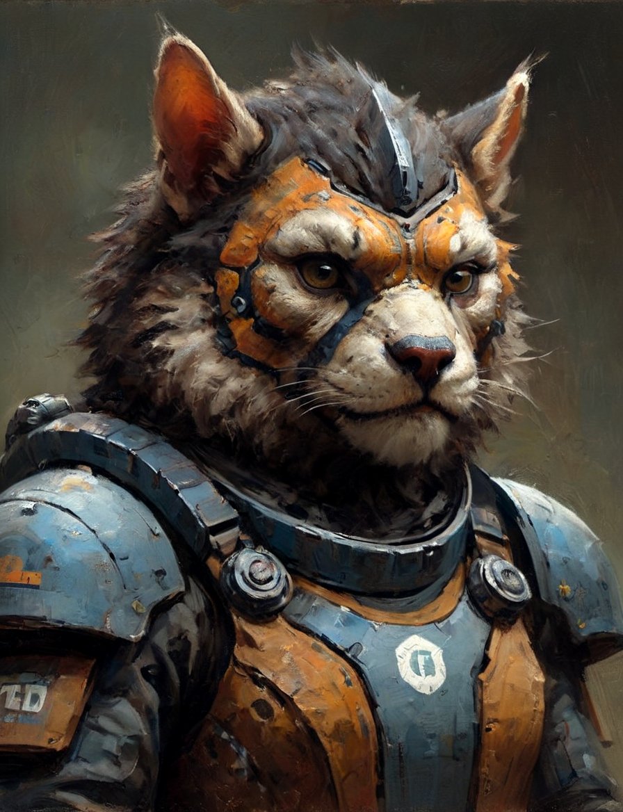 head and shoulders portrait, anthromorphic (cat:0.4) (ape:0.7) , a hard-boiled atmosphere, futuristic power armor, bounty hunter 