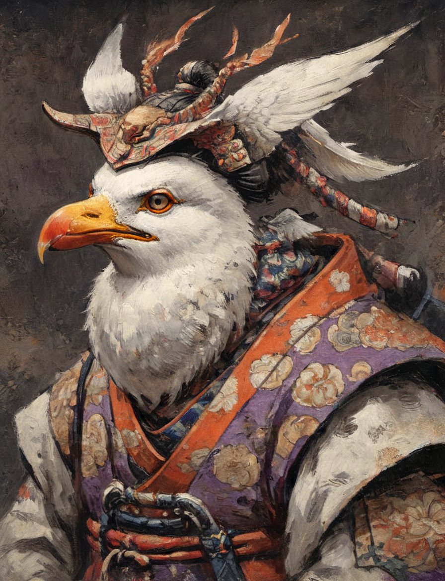 (close up, head and shoulders portrait:1.3), (anthromorphic seagull  :1.6), oni_horns, samurai , samurai armor , brown, tangerine, violet , white and black color scheme , (dark background:1.2), Ukiyo-e,ink,colorful,shogun