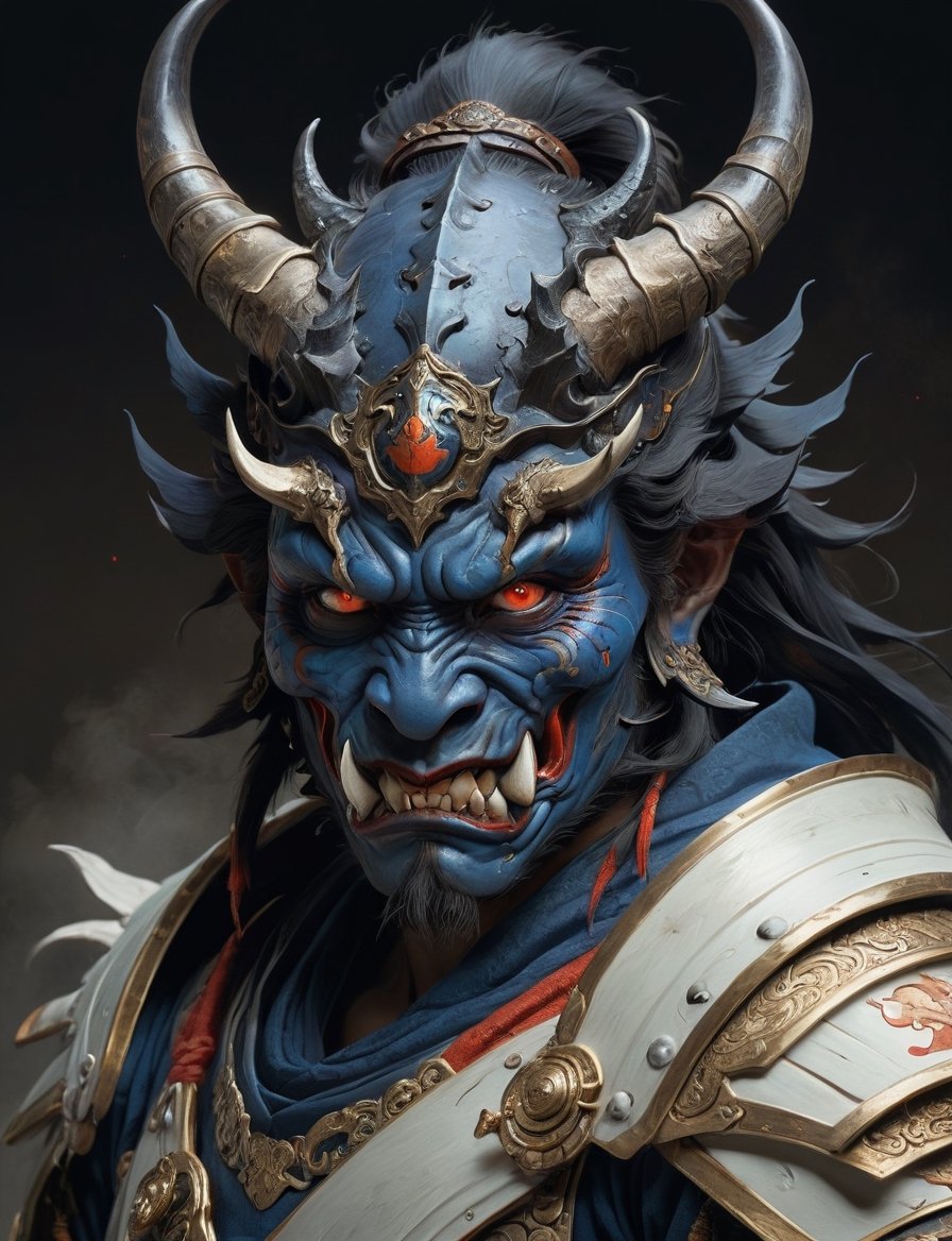A male, blue phantom, painted oni face, dragon helm, large sharp tusks, wearing intricate samurai armor . red eyes, Best quality rendering, serious face expression. Dark night,cinematic lighting,dark art ,Fog, head and shoulders portrait , hyper-detailed oil painting, art by Greg Rutkowski and (Norman Rockwell:1.5) , illustration style, symmetry , mideval dungeon setting , huayu