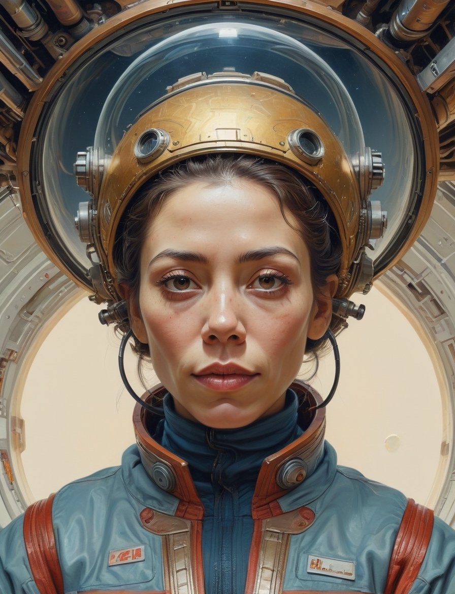 Sci-fi Martian , head and shoulders portrait , hyper-detailed oil painting, art by Greg Rutkowski and (Norman Rockwell:1.5) , illustration style, symmetry , inside alien starship interior , huayu