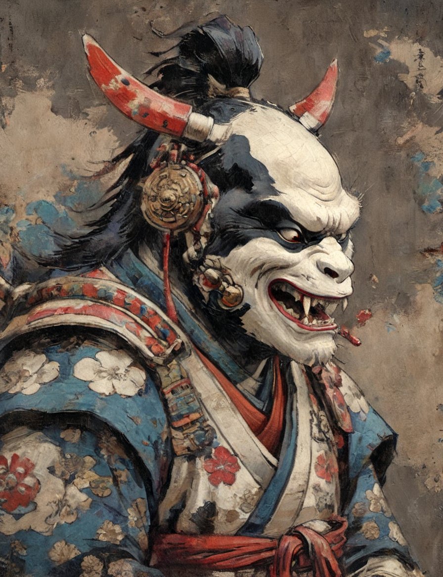 (close up, head and shoulders portrait:1.3), (anthromorphic orca :1.6), oni_horns, samurai , samurai armor , brown, blue, violet , white and black color scheme , (dark background:1.2), Ukiyo-e,ink,colorful,shogun