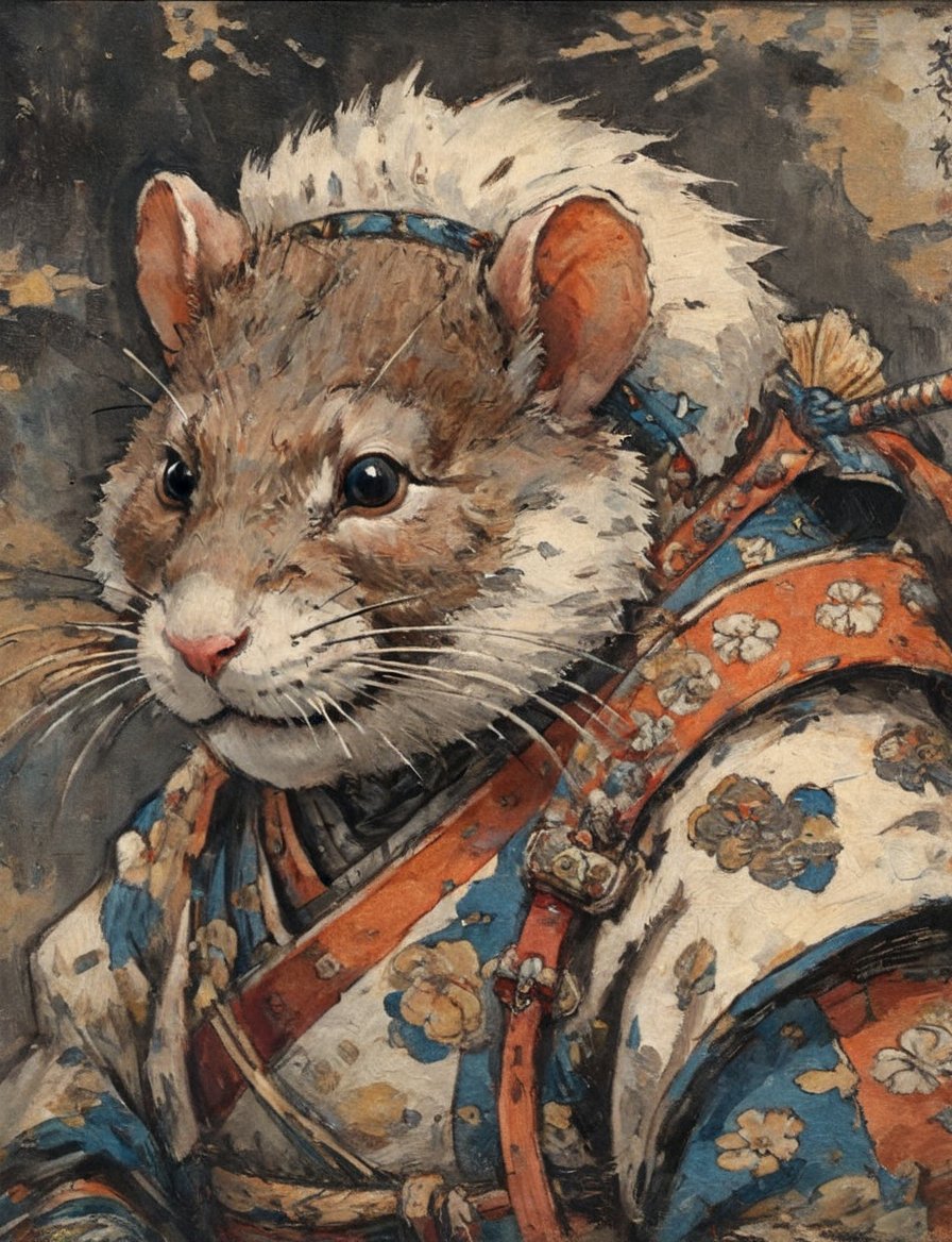 (close up, head and shoulders portrait:1.3), (anthromorphic vole :1.6), samurai , samurai armor , brown, orange, yellow, blue , white and black color scheme , (dark background:1.2), Ukiyo-e,ink,colorful,shogun